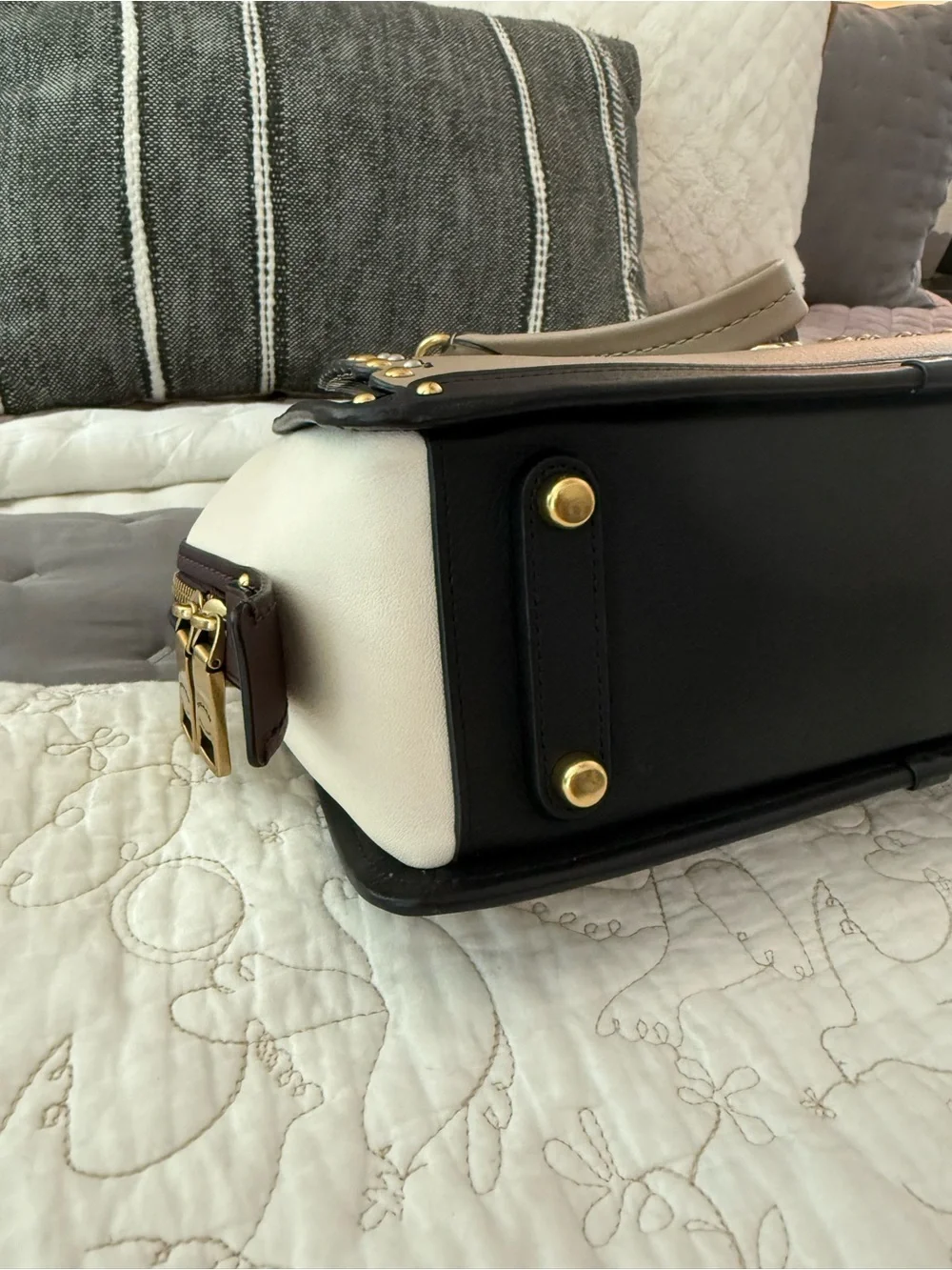 Coach Taupe and Black Leather Satchel with Gold Hardware